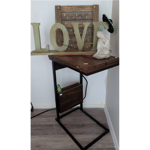 Foldable Wooden Desk with Metal Frame and Decorative Accessories