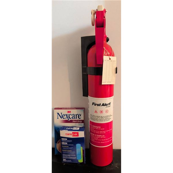 First Alert Fire Extinguisher, Nexcare Steri-Strip, and CarePak Neon Bandages
