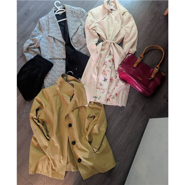 Outerwear&Accessories - Fen-Nelli Belted Floral Trench Coat, Jessica Petite Yellow Jacket, Red Purse