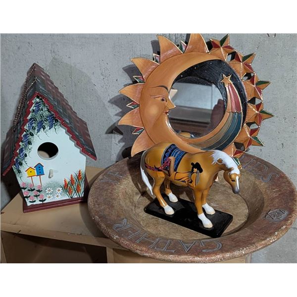 Decorative Garden Accessories - Birdhouse,Sun Mirror, Horse Figurine&Bowl