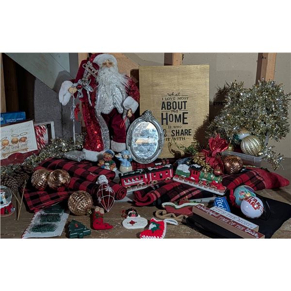 Holiday Decorations and Collectibles with Santa Figure, Ornaments, and Train Set