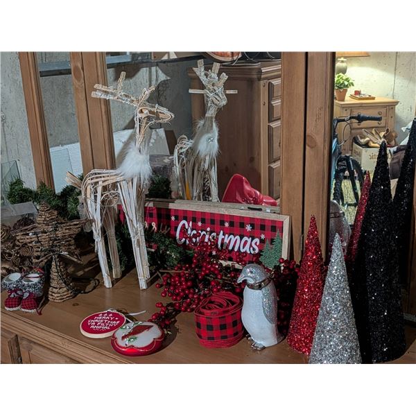 Christmas Decorations Including Glitter Cones, Penguin Figurine, Wicker Reindeer, and More