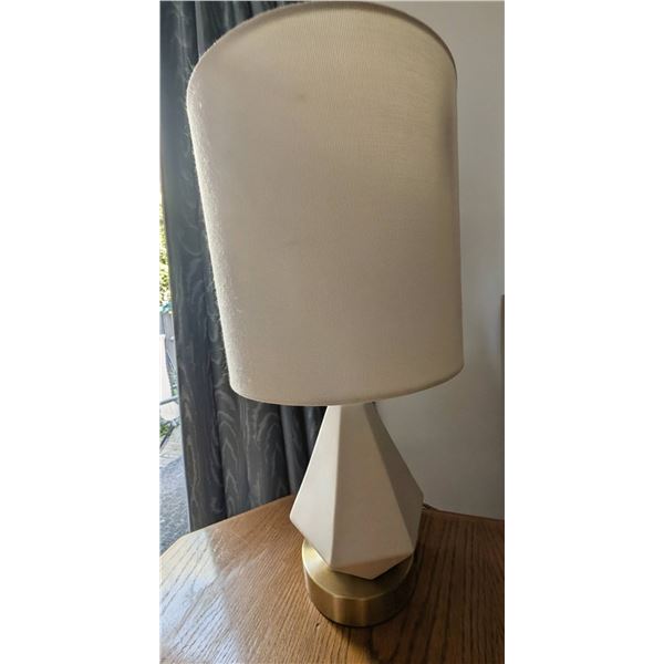 Table Lamp with Geometric Ceramic Base, Fabric Shade, and Brass-Tone Accents