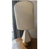 Image 1 : Table Lamp with Geometric Ceramic Base, Fabric Shade, and Brass-Tone Accents