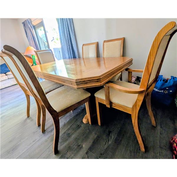 Oak Dining Table w/ Six Upholstered Chairs