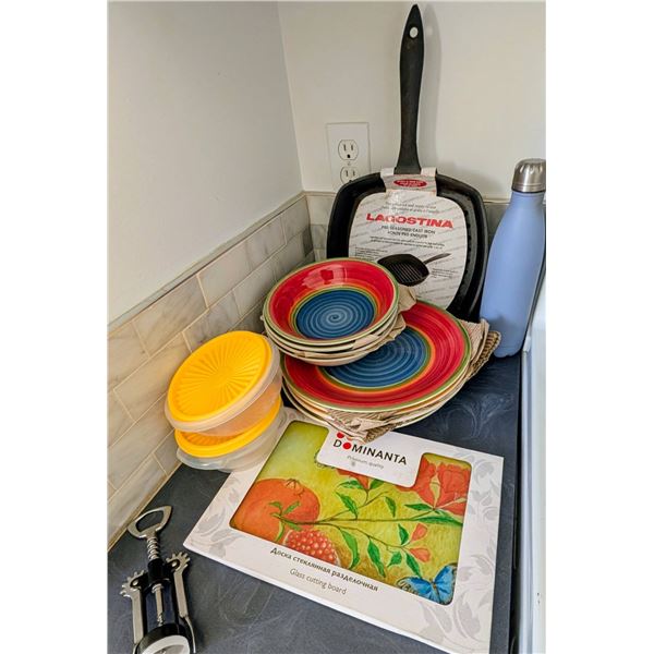 Pre-Seasoned Cast Iron Grill Pan, Decorative Plates, Cutting Board, and More