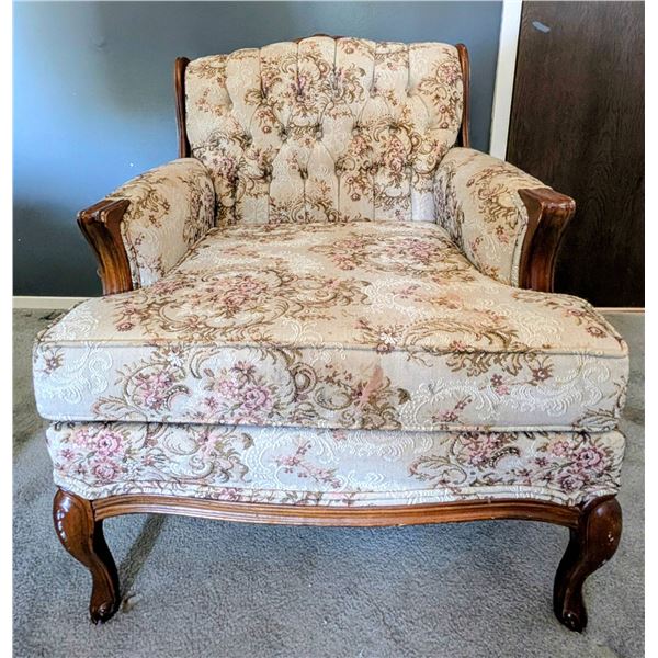 Vintage Upholstered Armchair w/ Floral Pattern & Carved Wood Accents