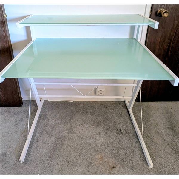 Modern 2 Tier Desk With Frosted Glass And Metal Frame