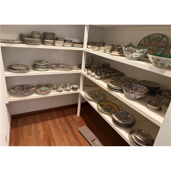Set of Famille Rose Tableware: Serving Chargers & Bowls, Plates, Teacups, etc, Misc Sizes