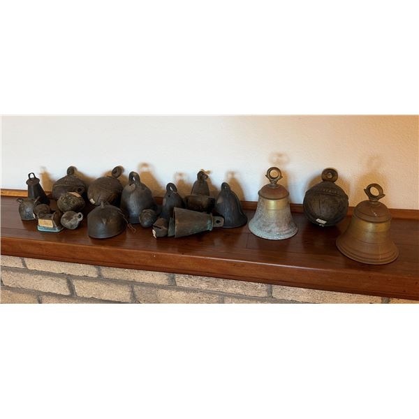 Multiple Vintage & Decorative Bells:  Brass, Bronze, Pottery, etc, Misc Styles & Sizes