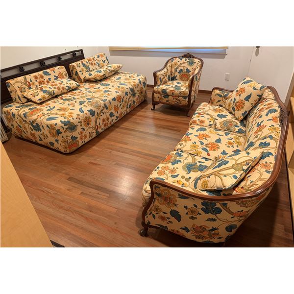 Carved Wood-Framed 3-Seat Sofa w/ Matching Chair & Upholstered Daybed, Misc Sizes