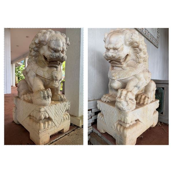 Qty 2 Chinese-Style Carved Stone Guardian Lion Garden Statues, Approx. 22" x 15" x 36"H