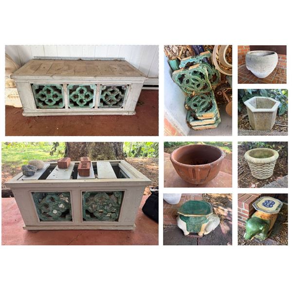 Various Outdoor Garden Accessories: Planters, Elephant Stand, Concrete Garden Chests, etc, Misc Si