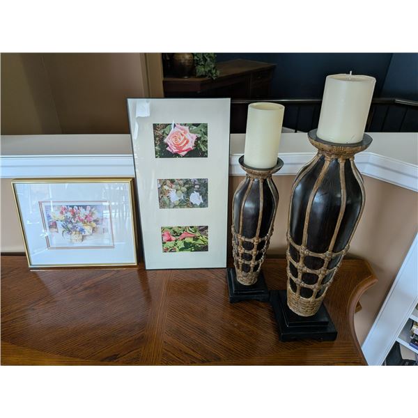 Two Flower Prints & Two Candle Holders