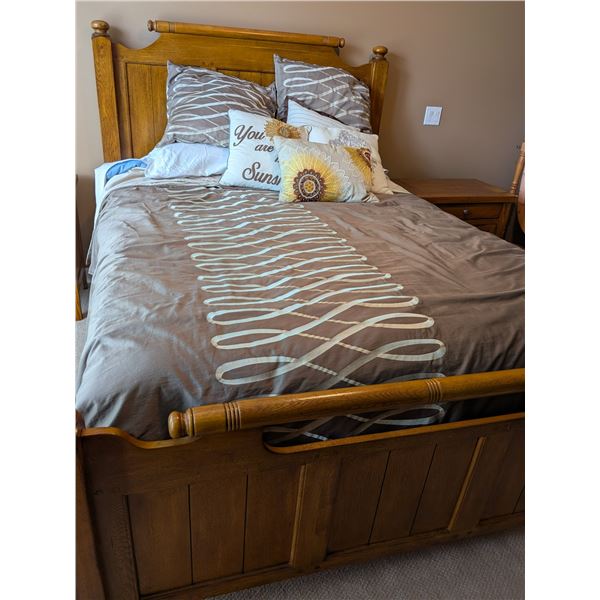 Oak Wood Bed Frame and Mattress - Queen