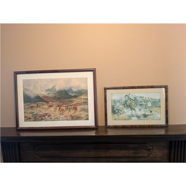 Wood Framed Highland Cattle Print C.M. Russell Antique Broncs to Breakfast