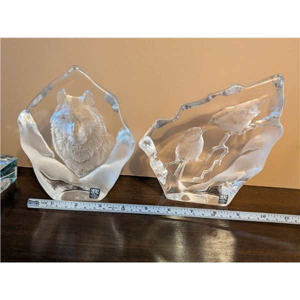 Mats Jonasson Wolf & Chickadees Crystal Signed