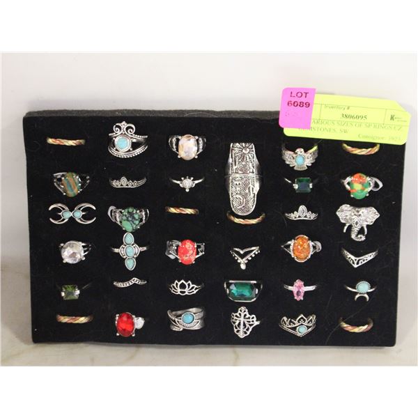 35 VARIOUS SIZES OF SP RINGS CZ, GEMSTONES, SW