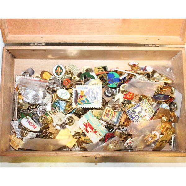 OLD WOODEN SIMONS BOX WITH HUNDREDS OF PINS