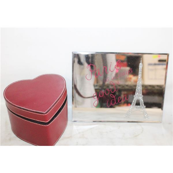 PARIS MIRROR & LEATHER BOX W RED VELVET INSIDE