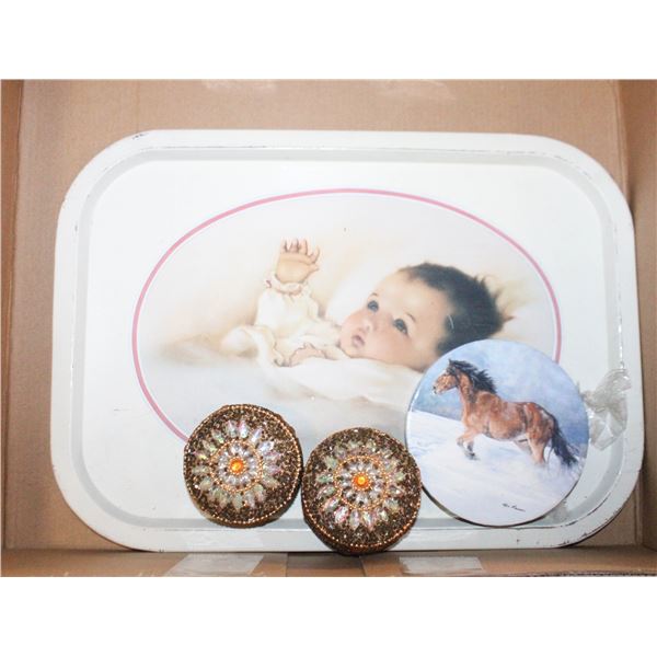 1985 AWAKENING METAL TRAY, HORSE ORN. &