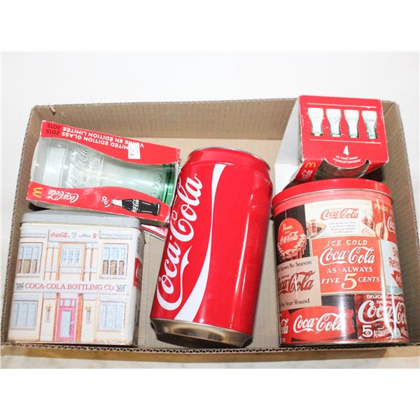 COCA COLA COLLECTABLES, BANK, GLASSES, KEYCHAIN