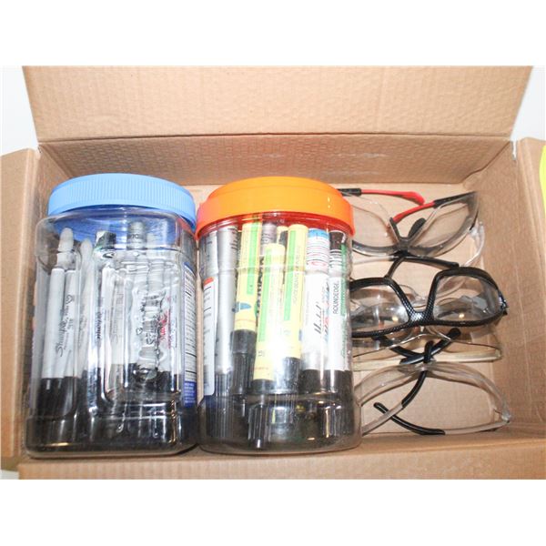 5 PAIRS OF SAFETY GLASSES & 2 JARS OF MARKERS