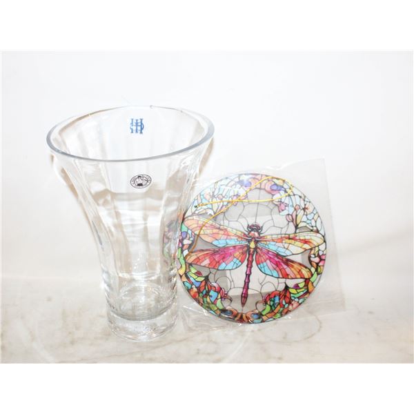 MARKED HAND BLOWN 10” H VASE & DRAGONFLY SUN