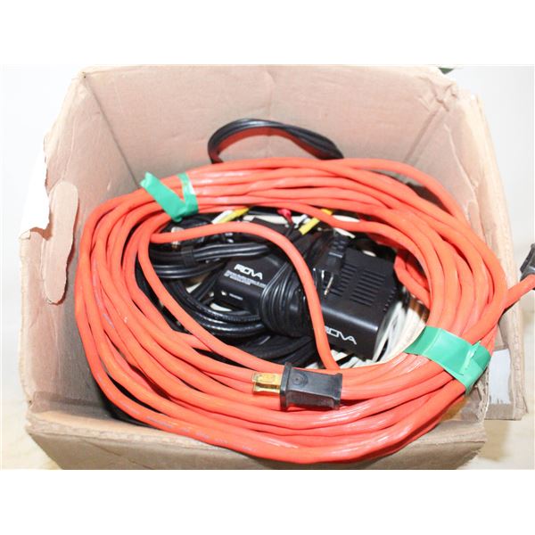 BOX OF ELECTRICAL CORDS & CAR CASSETTE PLAYER