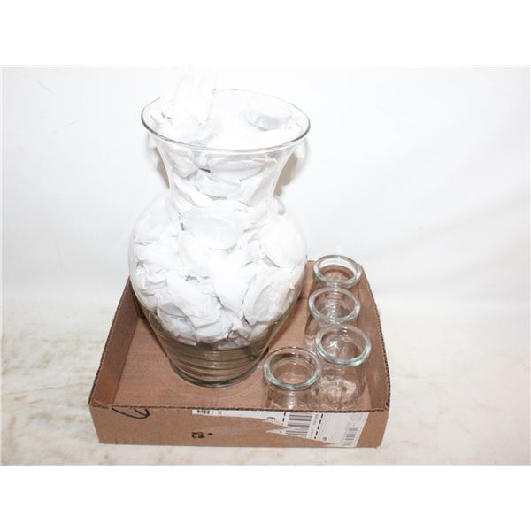 NEW 11" CLEAR GLASS VASE FULL OF 90 NEW