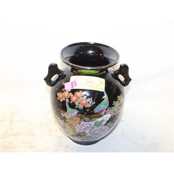 VINTAGE VASE BLACK WITH PEACOCKS/FLOWERS, GOLD RIM