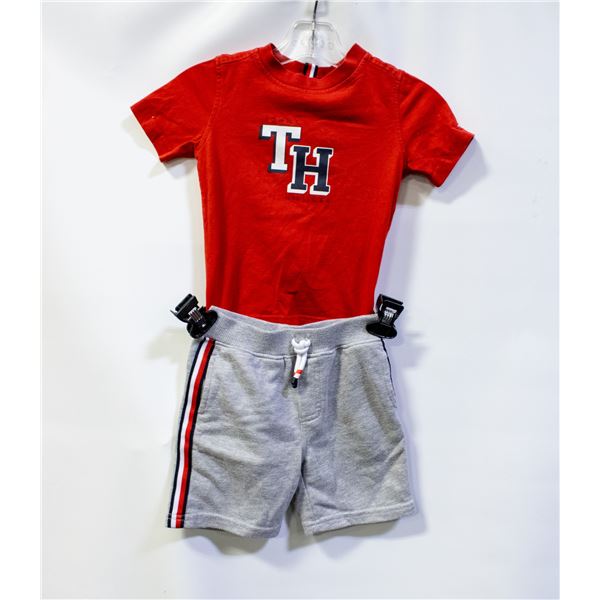 2 PC TOMMY HILFIGER KIDS RED SHIRT & GREY SHORTS