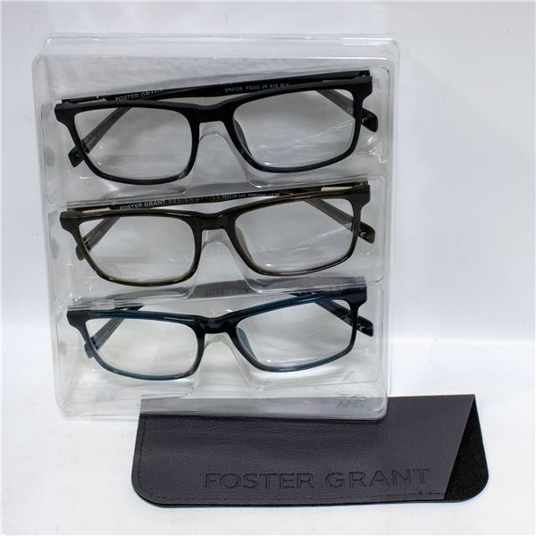 NEW 3 PK OF FOSTER GRANT READING GLASSES +2.00 - C