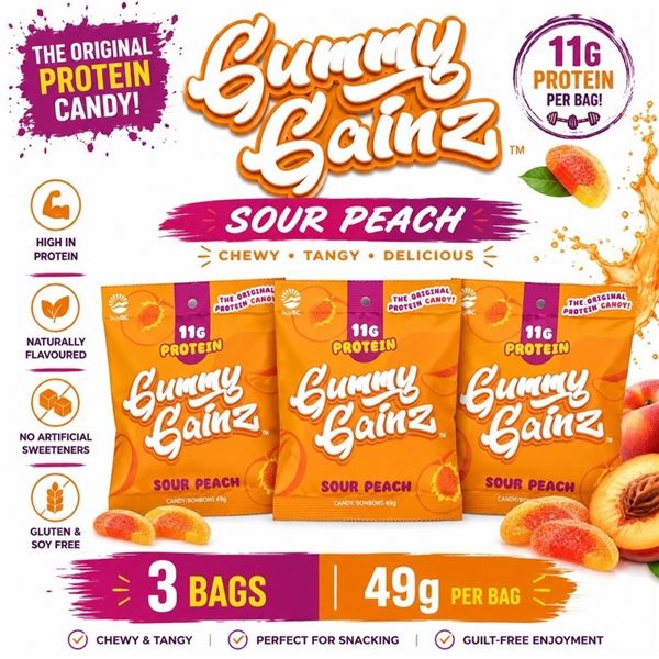 3 BAGS GUMMY GAINZ 11G PROTEIN SOUR PEACH BB 06/26