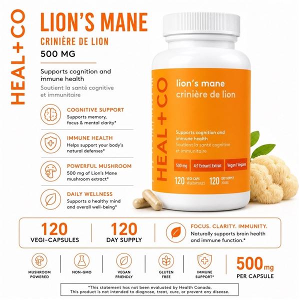 HEAL + CO LIONS MANE 500MG 120 CAPS BB 08/26