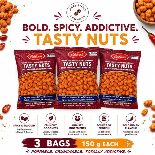3 BAGS HALDIRAMS TASTY NUTS BB 11/26