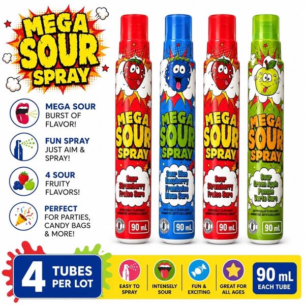 4 MEGA SOUR SPRAY CANDY TUBES EXP 10/26