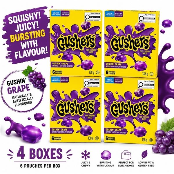 4 BOXES GUSHERS GRAPE FRUIT SNACKS BB 02/27