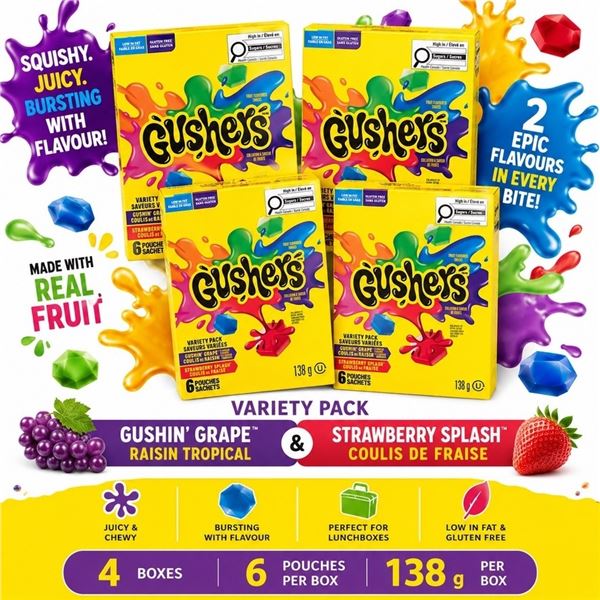 4 BOXES GUSHERS VARIETY PACK FRUIT SNACKS BB