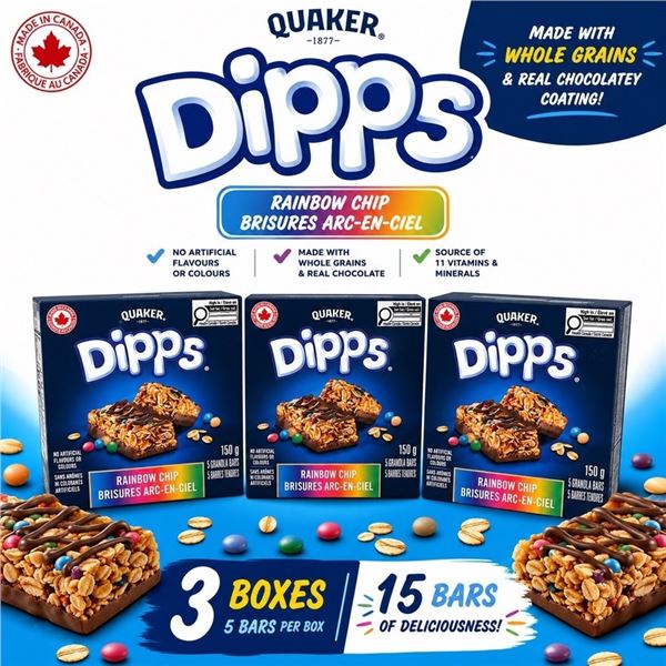 3 BOXES QUAKER DIPPS RAINBOW CHIP 150G BB 07/26