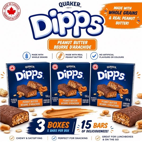 3 BOXES QUAKER DIPPS PEANUT BUTTER 156G BB 07/26