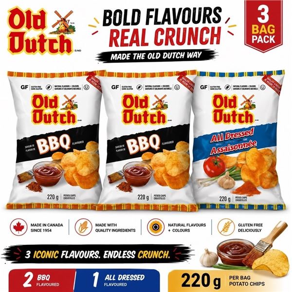 2 BBQ + 1 ALL DRESSED OLD DUTCH 220G BB 06/26