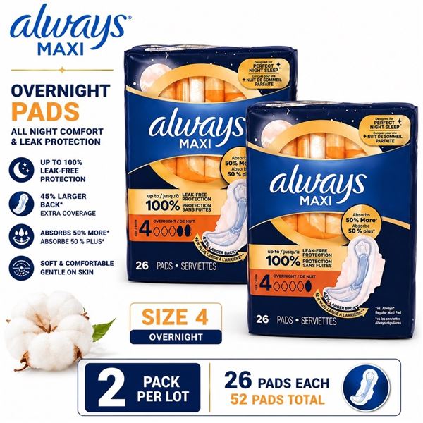 2 ALWAYS MAXI OVERNIGHT PADS 26 CT SIZE 4