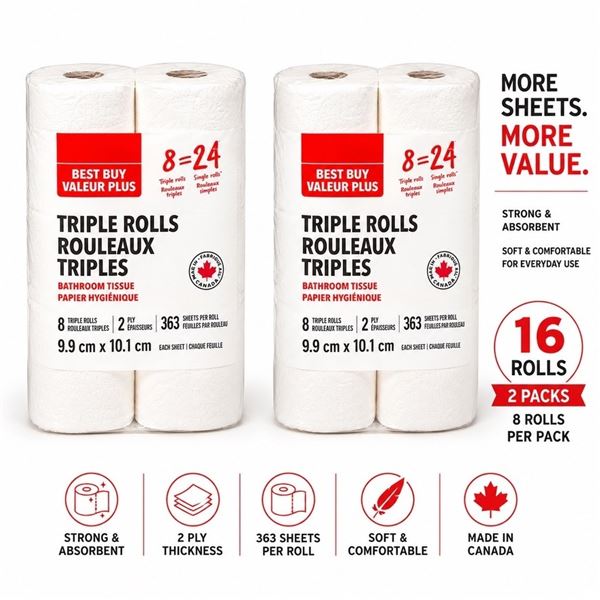 2 BEST BUY VALUE PLUS TOILET PAPER 8 TRIPLE ROLLS