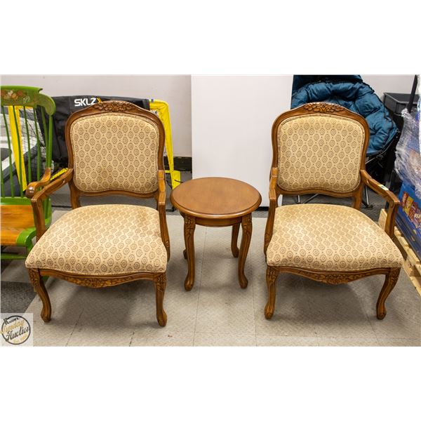 SOLID WOOD CARVED ARMCHAIRS + END TABLE H-21"