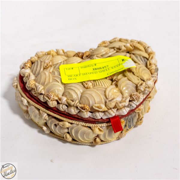 RED CLOTH LINED HEART SHAPED SHELL KEEPSAKE BOX