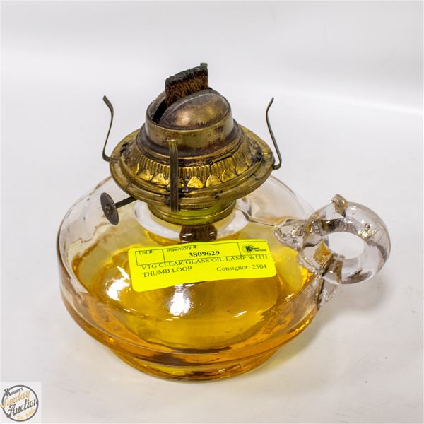 VTG CLEAR GLASS OIL LAMP WITH THUMB LOOP