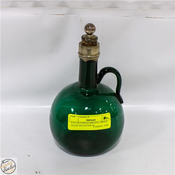 VTG VICTORIAN BRISTOL GREEN GLASS DECANTER W/