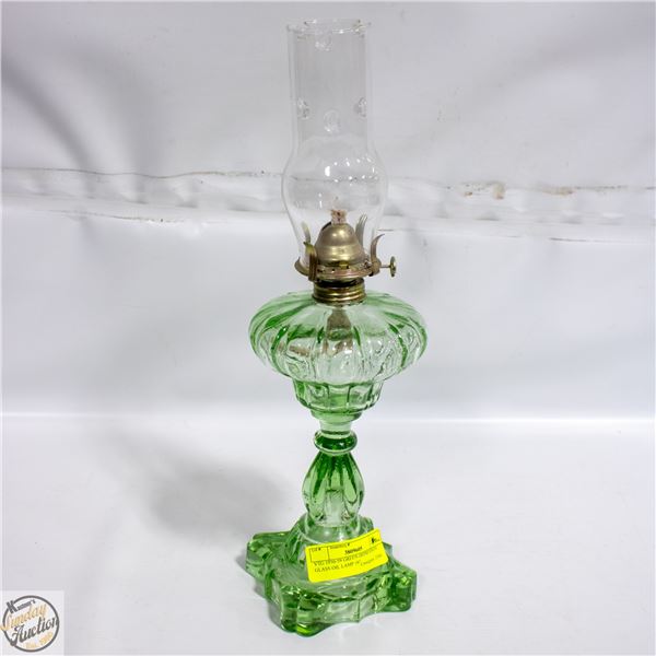 VTG 1950-59 GREEN DEPRESSION GLASS OIL LAMP 16"