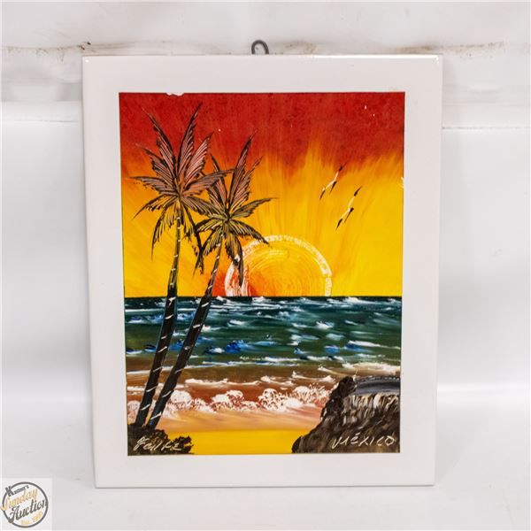 HAND PAINTED 10” X 9” WHITE TILE MEX. LANDSC.